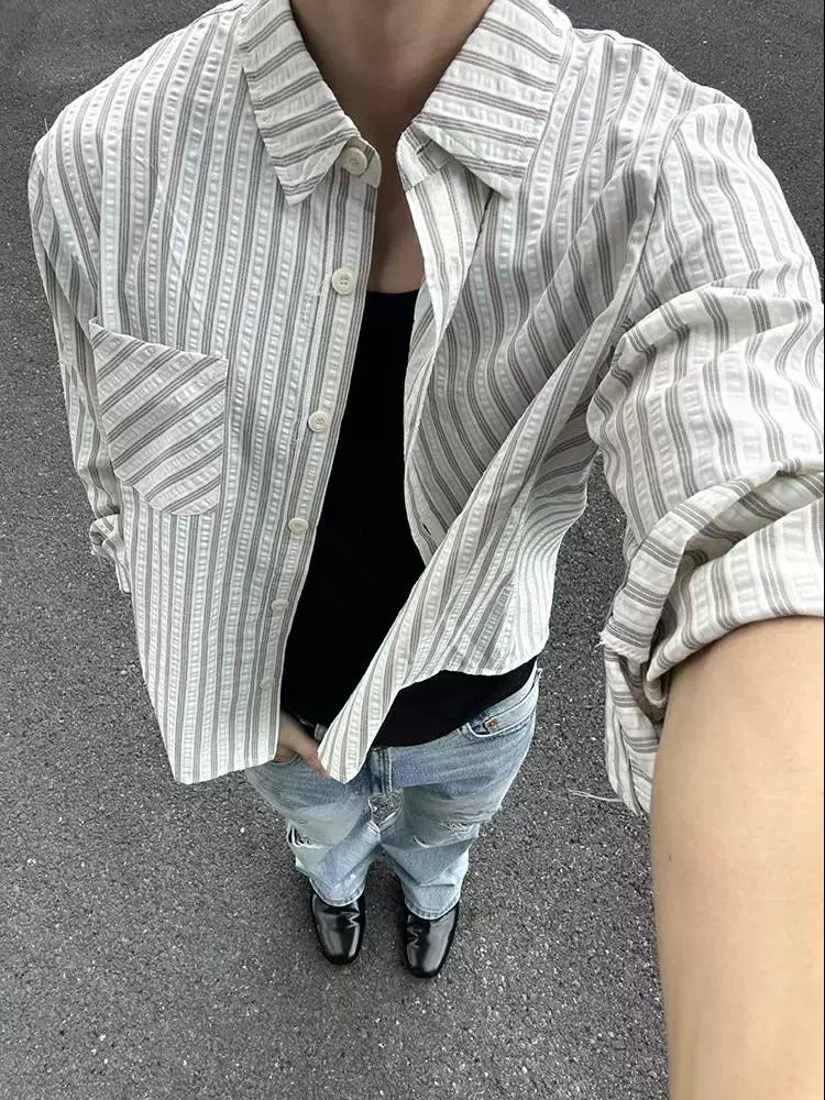 AMBSOM Vintage Striped Casual Front Shoulder Long Sleeve Shirt