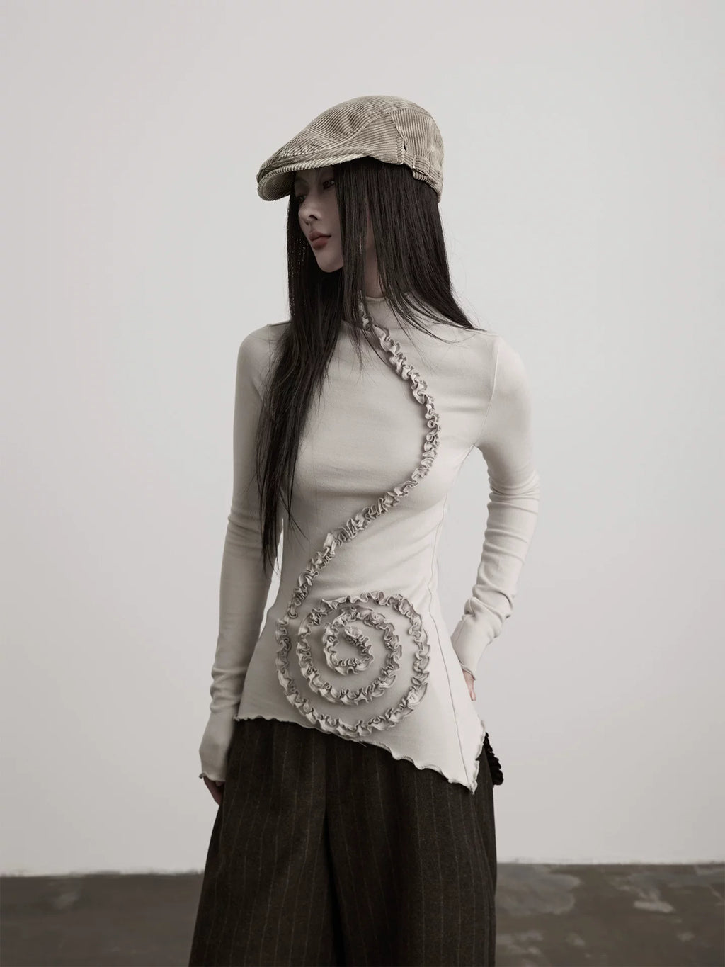 INDULGE Pleated Flared Sleeves Stand Neck Slim Long Sleeves