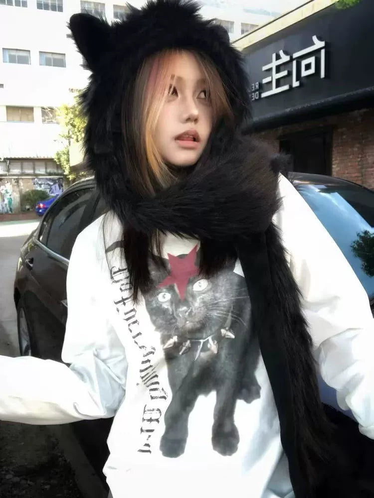DETW 24AW Original [Civet Slogan] Black and white contrasting color splicing 260g * long sleeve tee