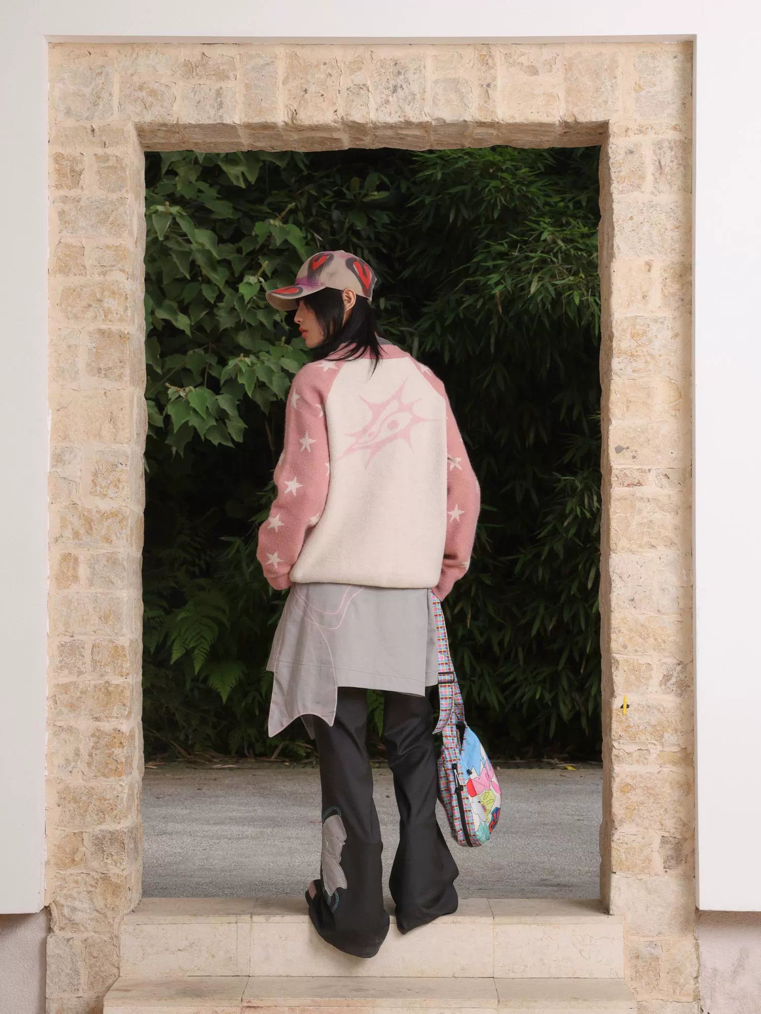 EeeeArtmonster Cherry Print Color Matching Heavy Crew Neck Sweater