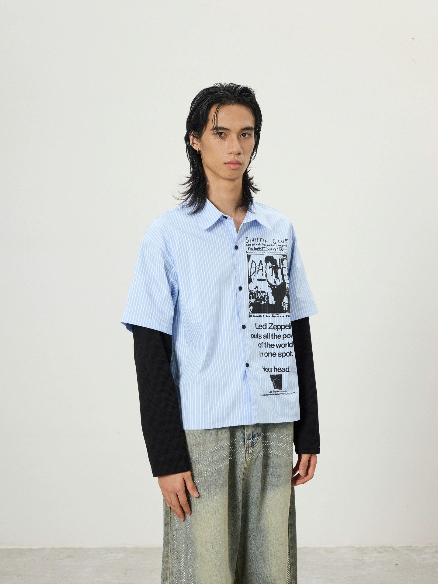 BTSG Vintage Graffiti Fake Two Piece Design Long Sleeve Shirt Jacket