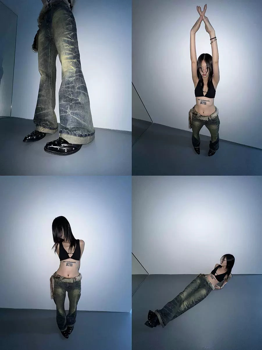 FUZZYKON Handmade Pleated Heavy Industry Nostalgic Slightly Pulled Jeans