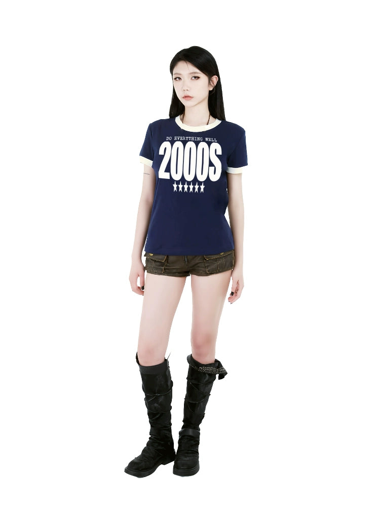 DETW 25ss * "2000S" Front Shoulder Slim Color Matching Short Sleeve Simple Commuter Tee