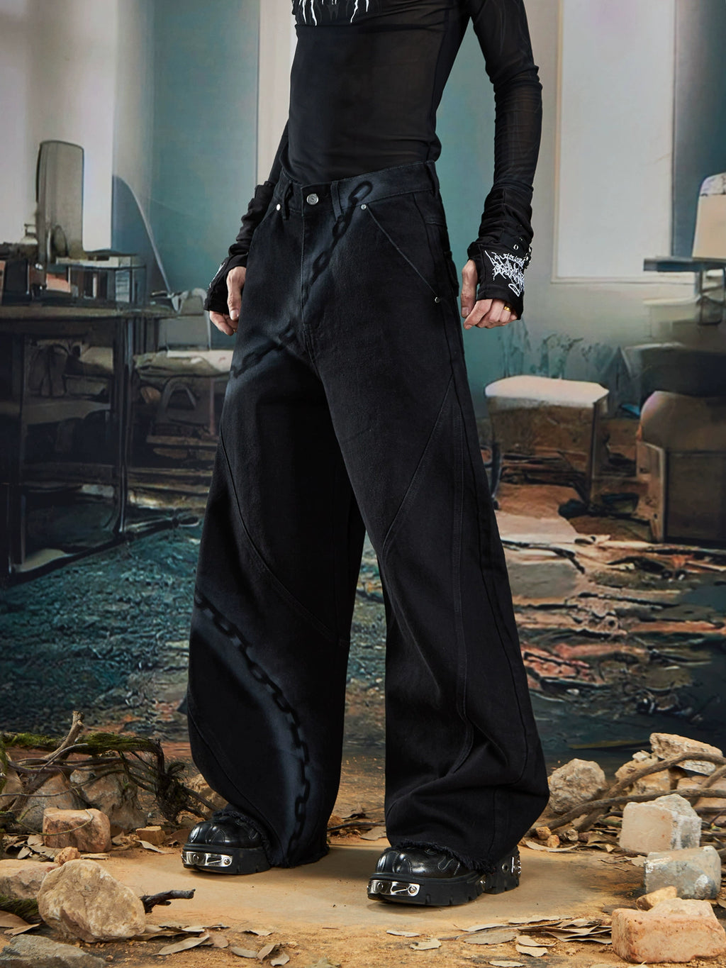 NOMANIAI Inkjet Graffiti Wide-leg Scimitar Jeans