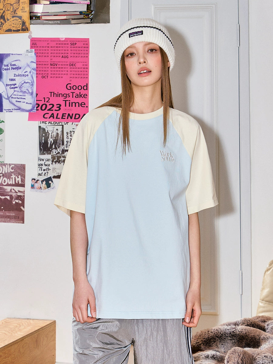 NICEBAD Contrasting Color Raglar Sleeve Embroidery Tee