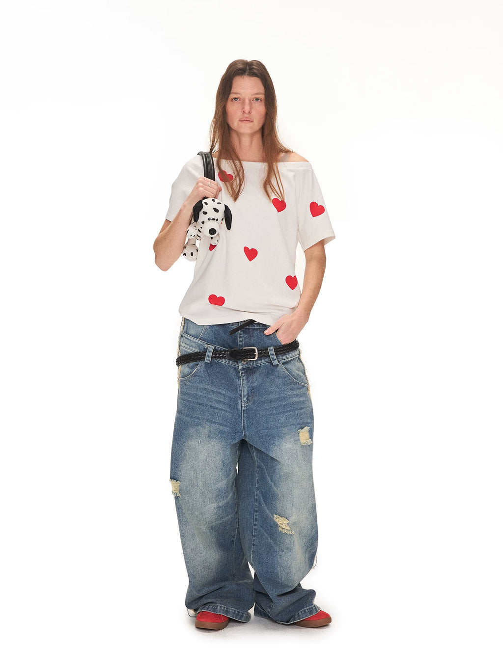 ANTERIOR LOVED Slanted Shoulder Love Print Loose Casual Tee