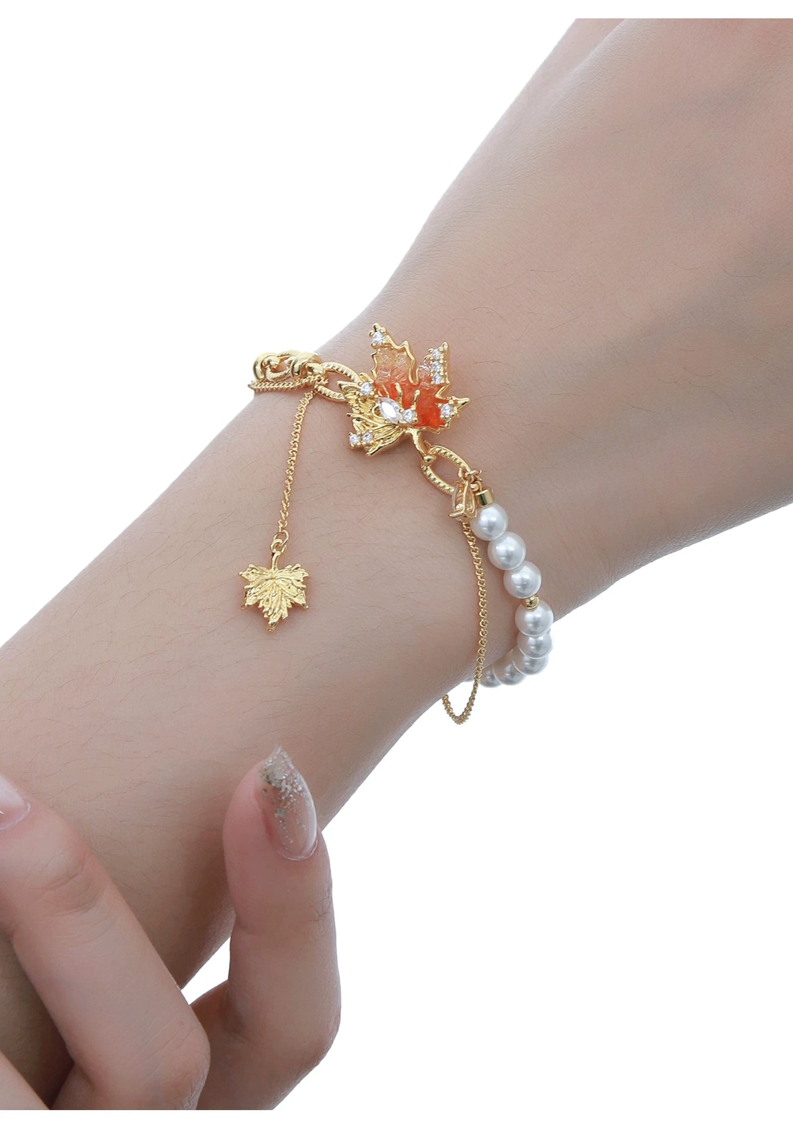 MASW Splicing Pearl Sunset Orange Maple Leaf Bracelet