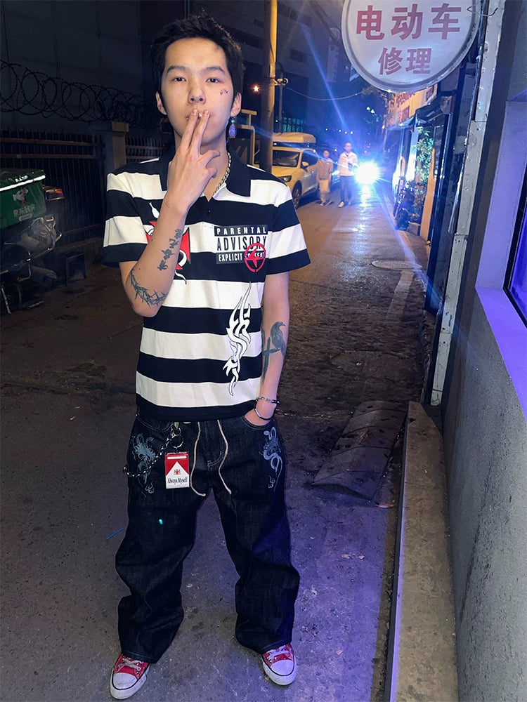 4AM Spoof Niche Print Striped Polo Shirt