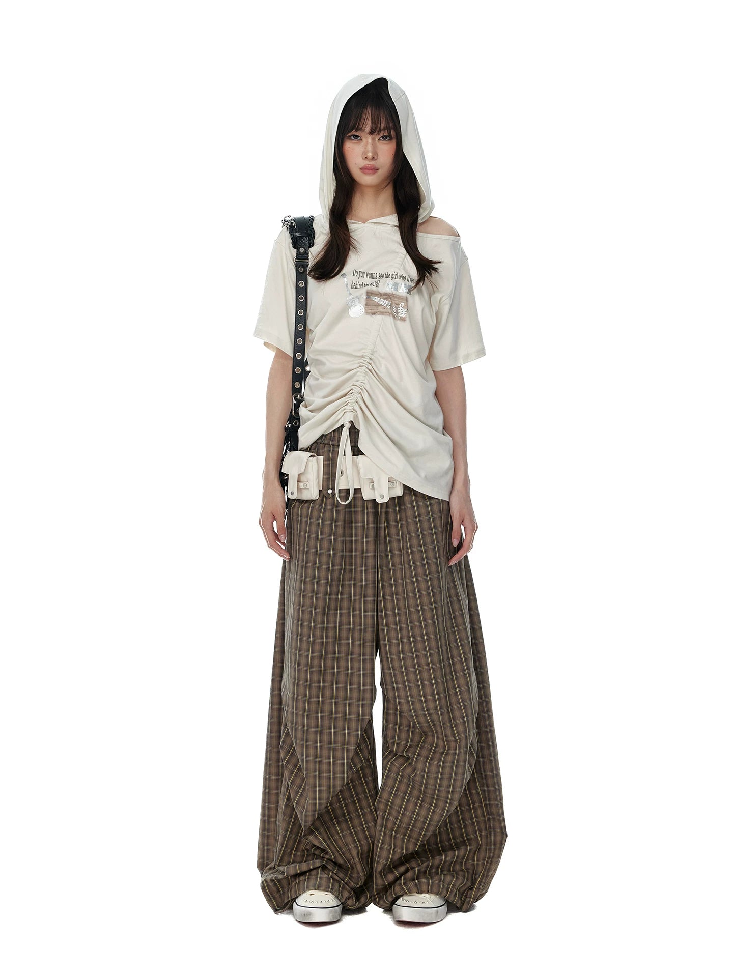 JIKOO Slanted Shoulder Hooded Loose Tee