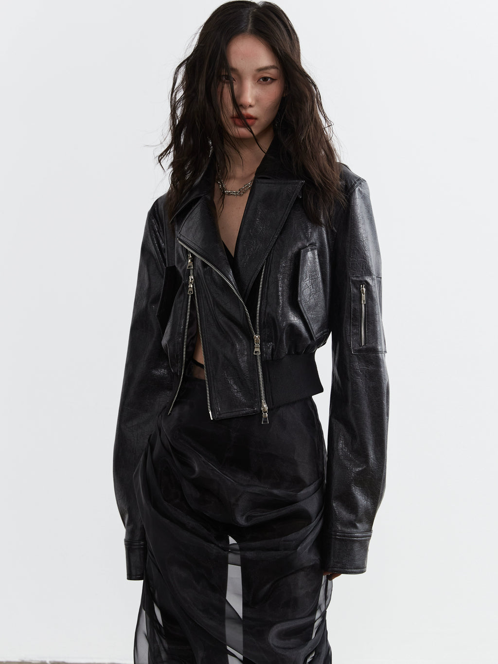 JNYLON Hollow PU Leather High-waisted Ultra-short Jacket