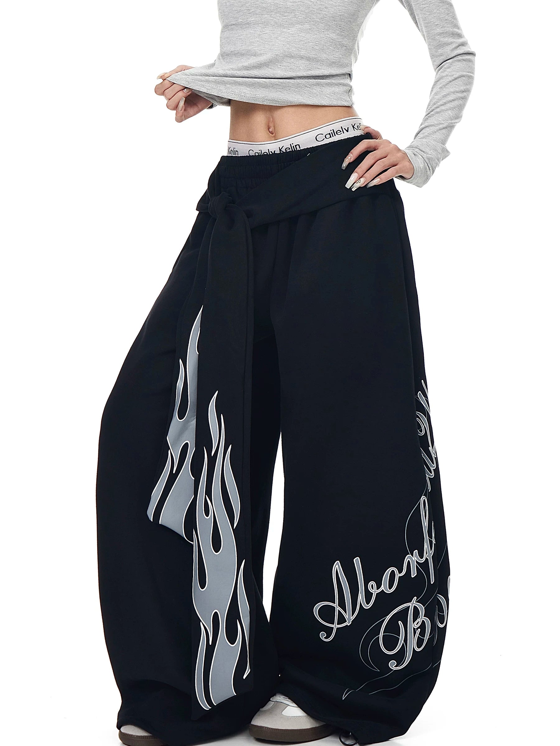 BLACKLISTS Flame Letter Print Strap Scimitar Sweatpants