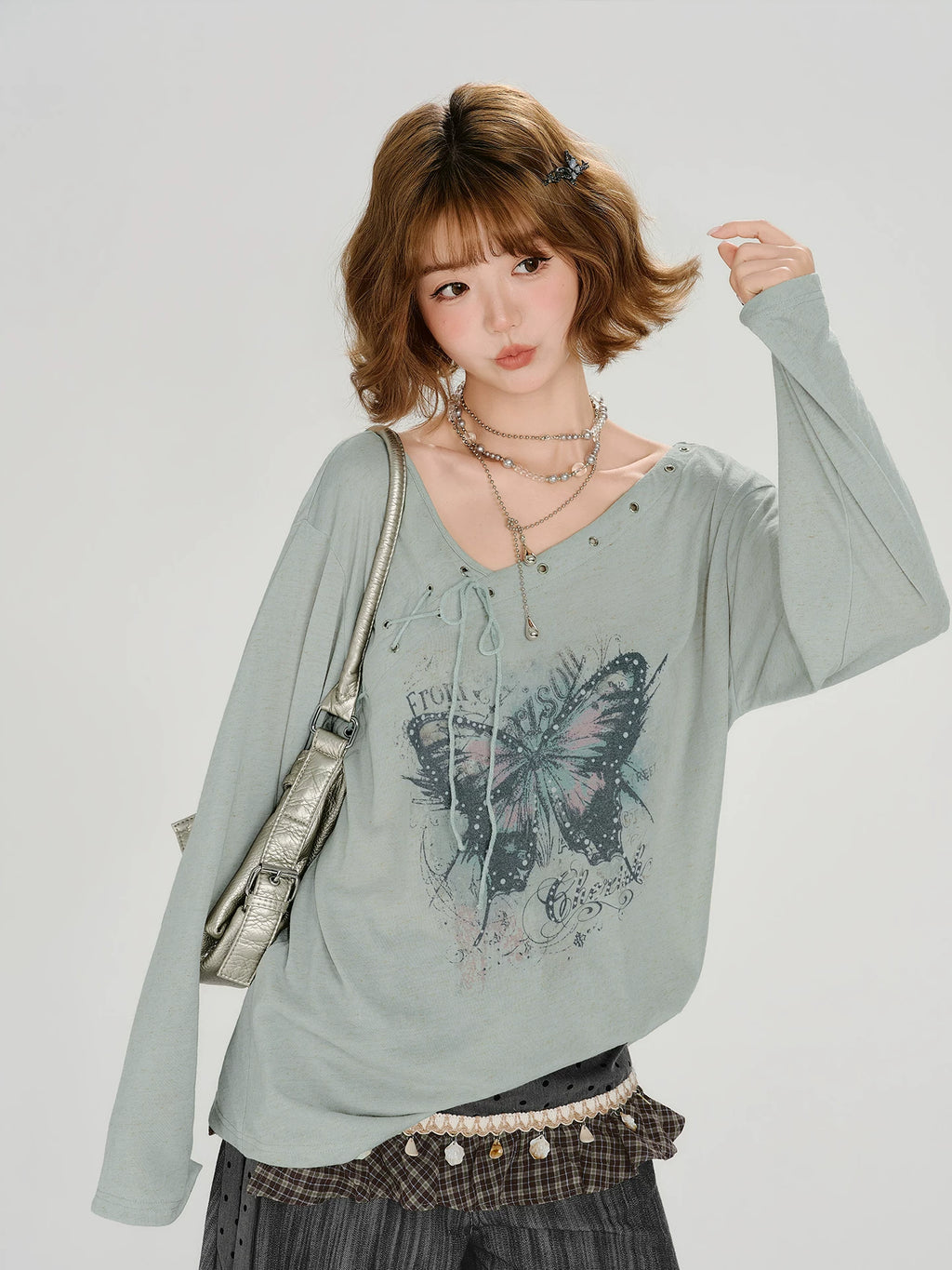 Girlyhalo Vintage V-neck Slim Loose Tee