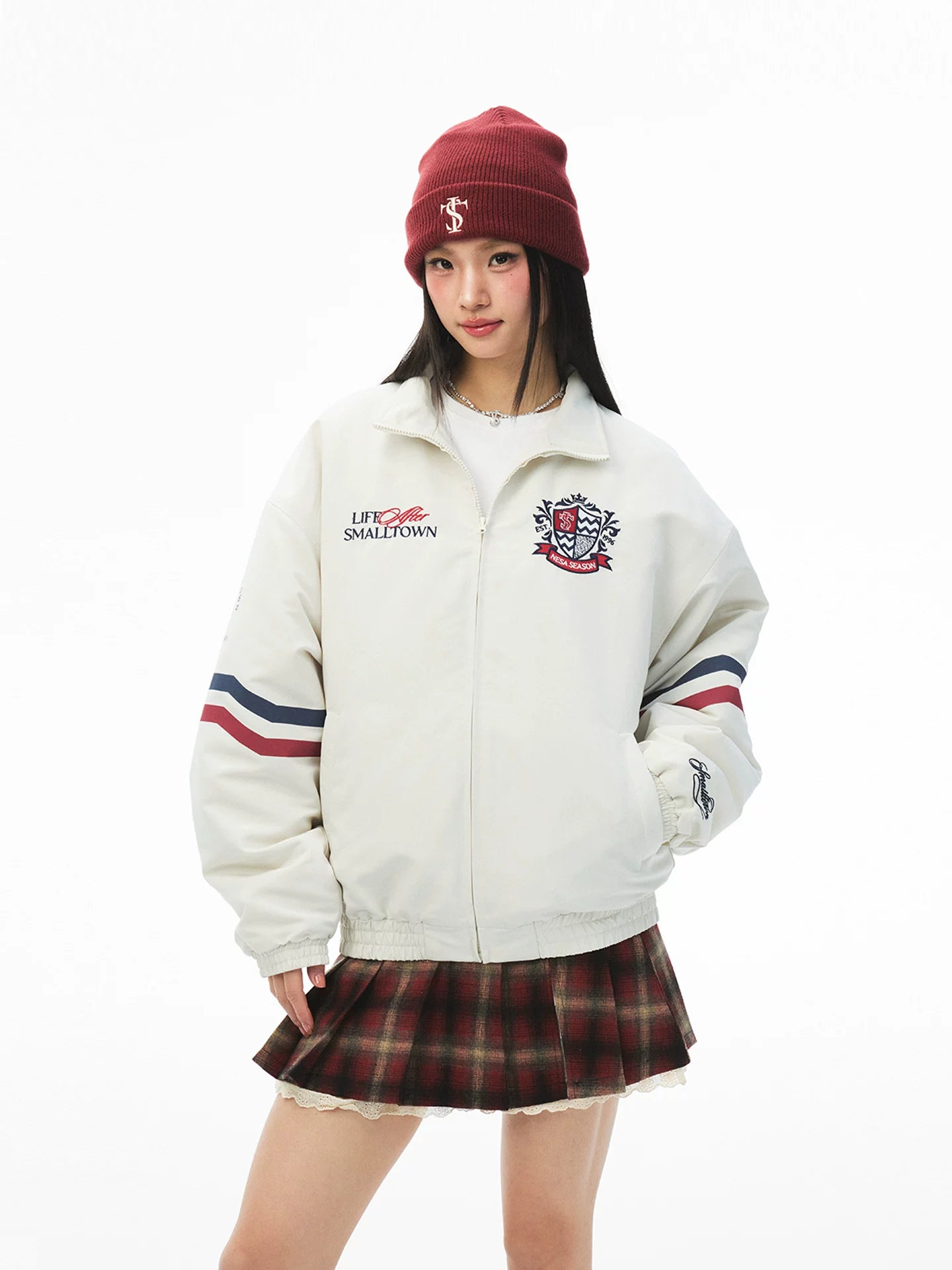 STK Badge Stitching Vintage Embroidered Contrasting Striped Jacket