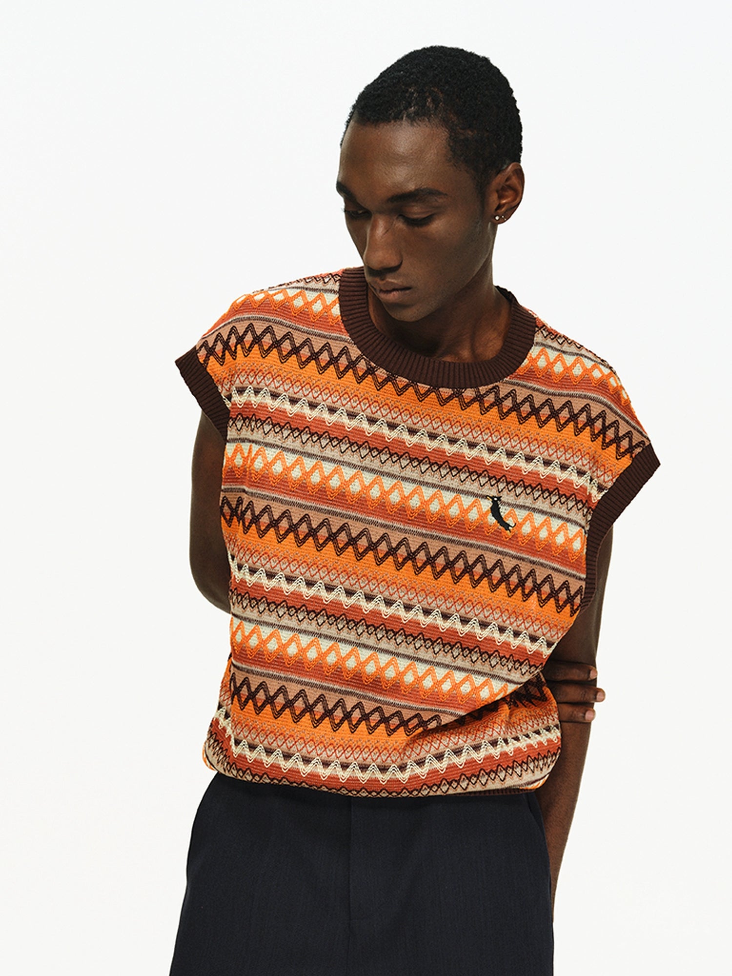 ATRY Retro Color Matching Striped Knitted Hollow Vest