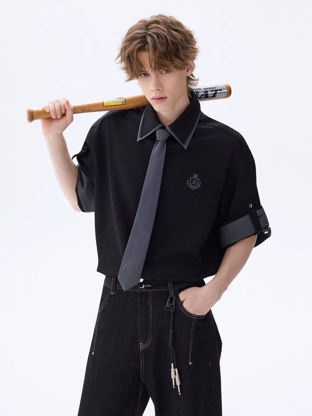 CHOR Double Neck Contrast Tie Loose Shirt