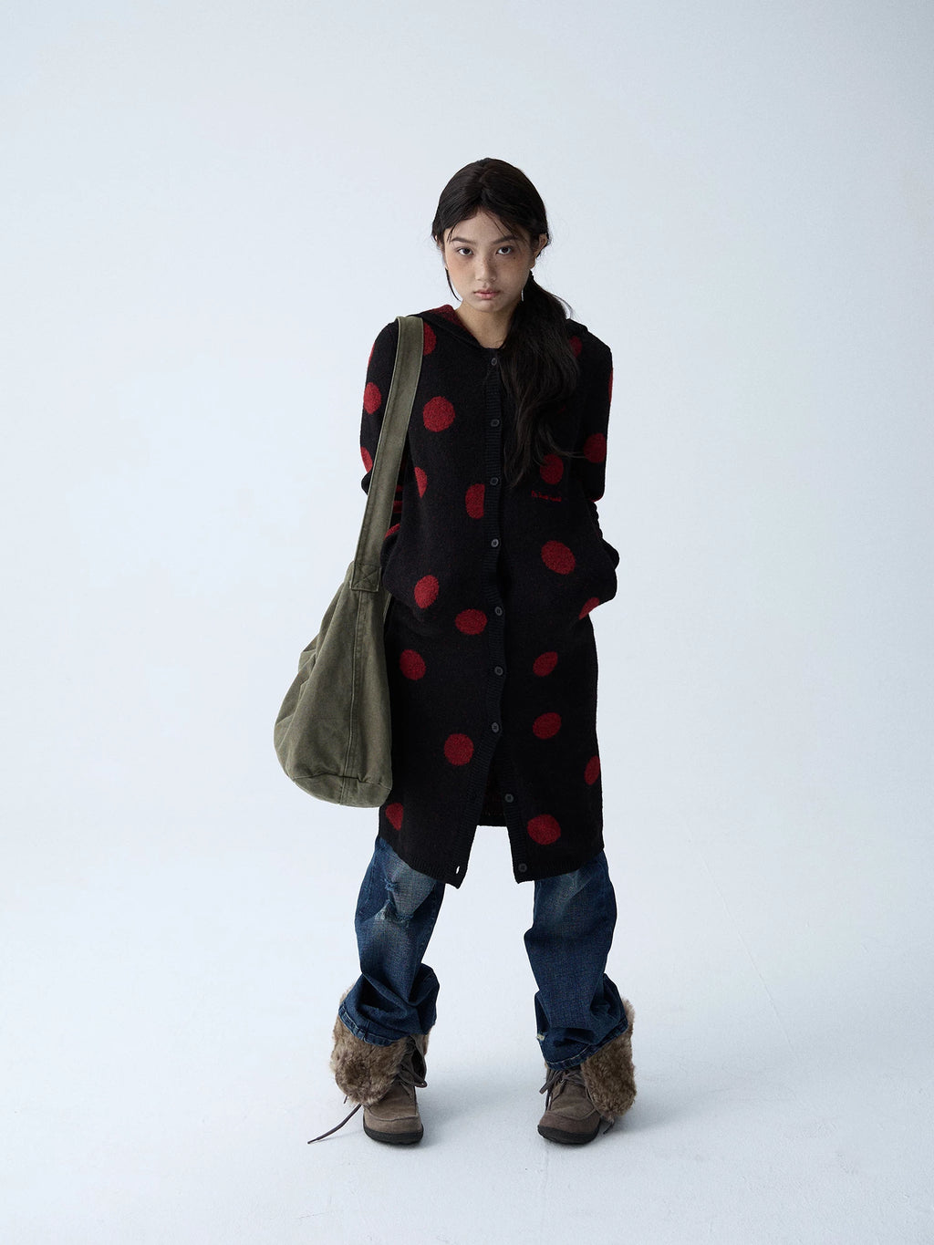 In Two Twos Vintage Polka Dot Long Knit Sweater Cardigan