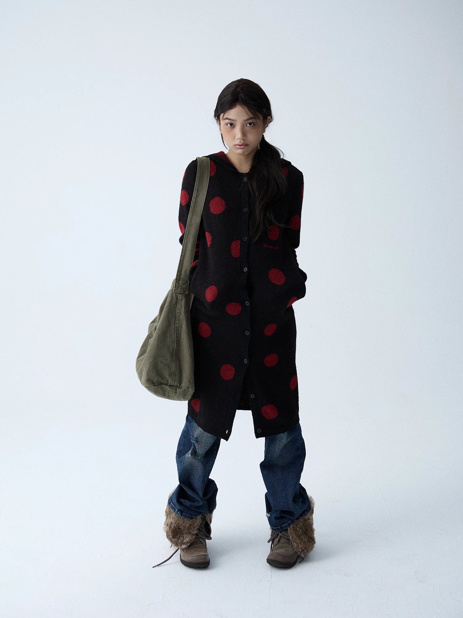 In Two Twos Vintage Polka Dot Long Knit Sweater Cardigan