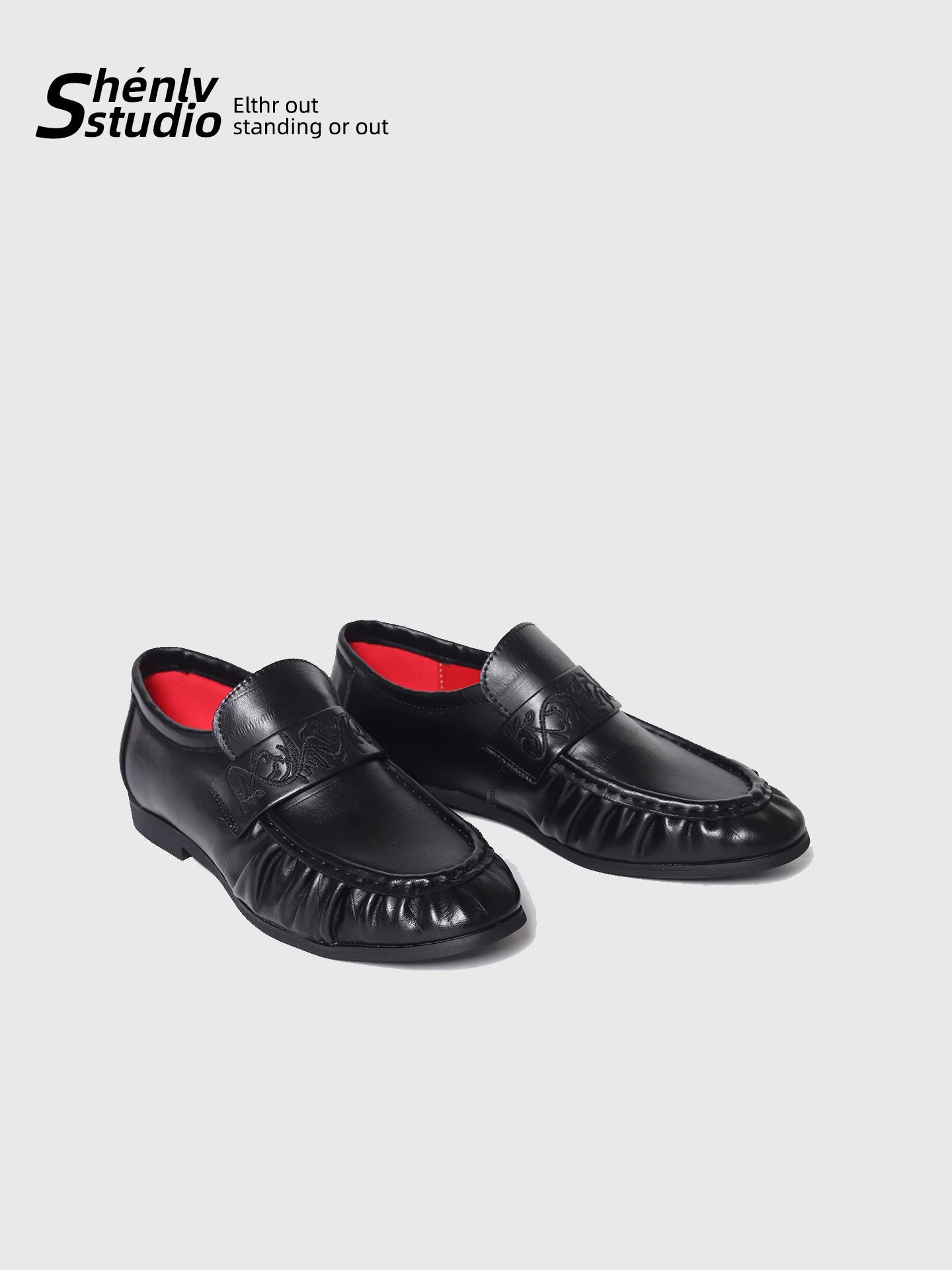 SHENLV STUDIO Pleated Niche Embroidered Casual Leather Shoes
