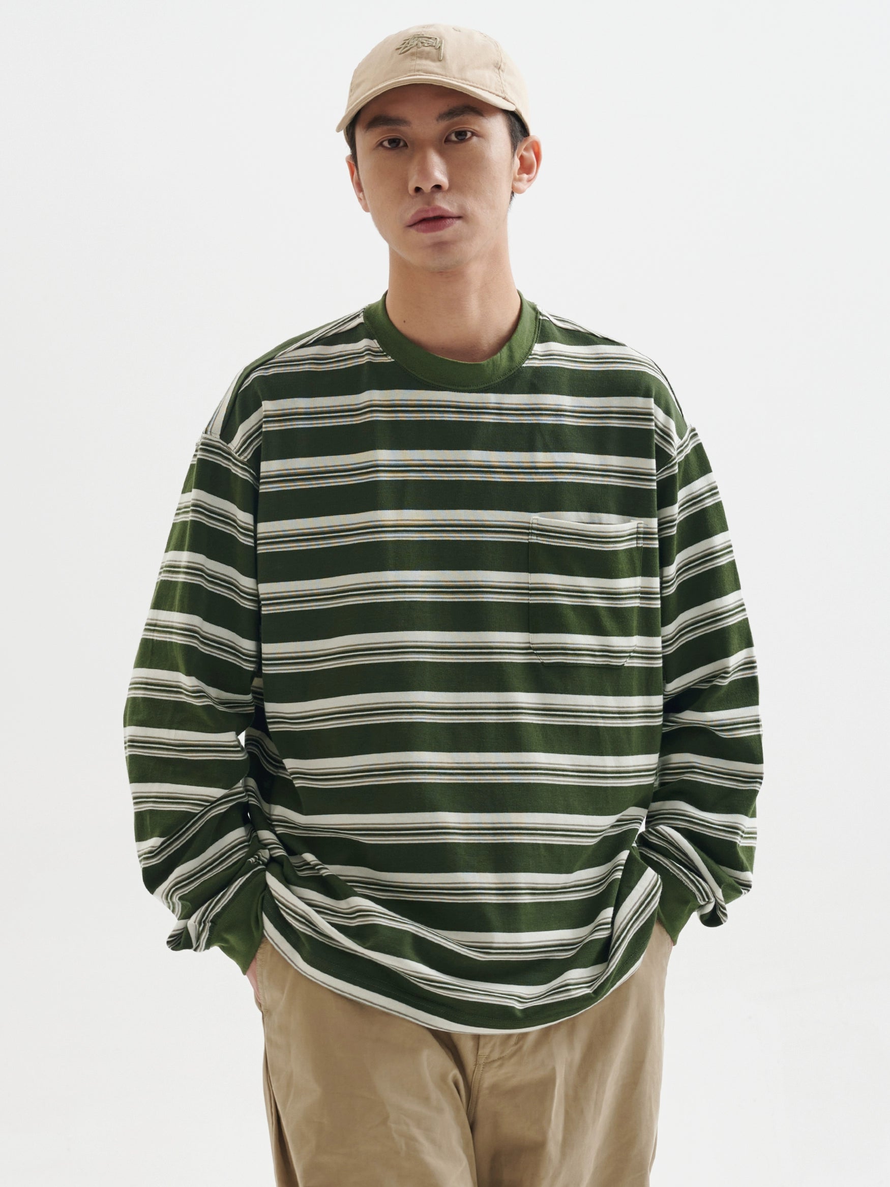 BUTTBILL stripes Japanese crew neck loose silhouette Long Sleeve Tee
