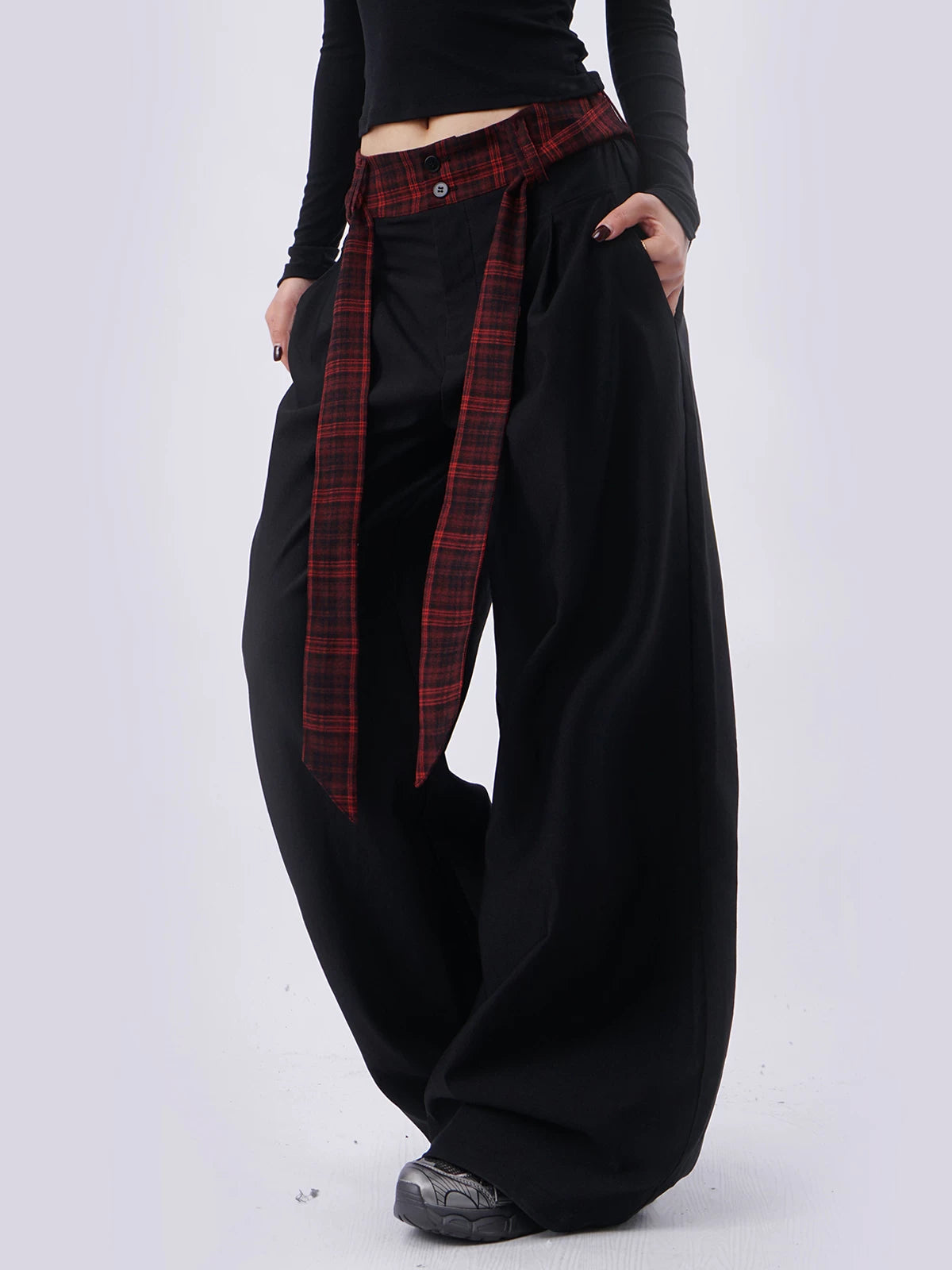 SAMUSAN Ribbon Checked Waist Stitched Wide-leg Slacks