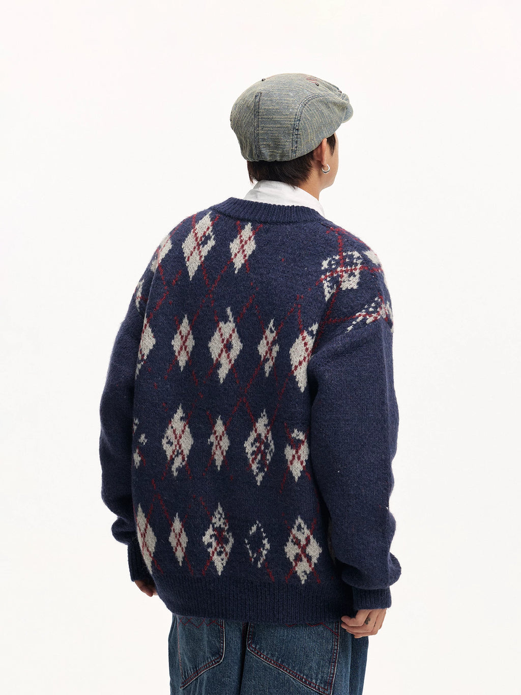 CoosRetro V-Neck Vintage Rhombus Checked Casual Knitted Sweater