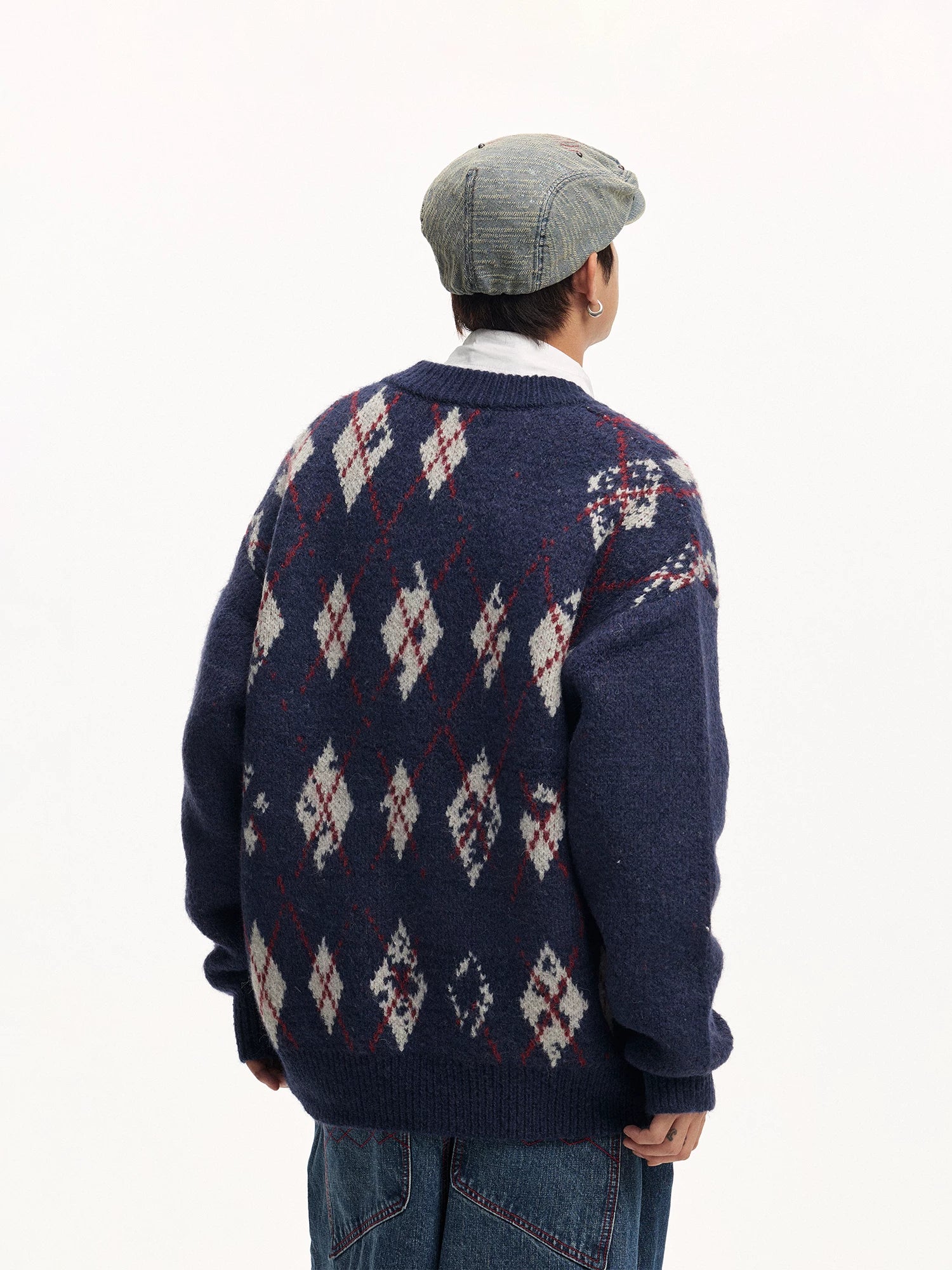 CoosRetro V-Neck Vintage Rhombus Checked Casual Knitted Sweater