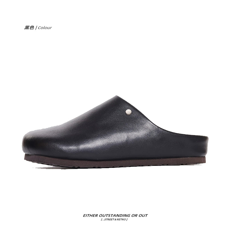 SHENLV STUDIO Black Simple Thick-bottomed Half-mop Outer Leather Slippers