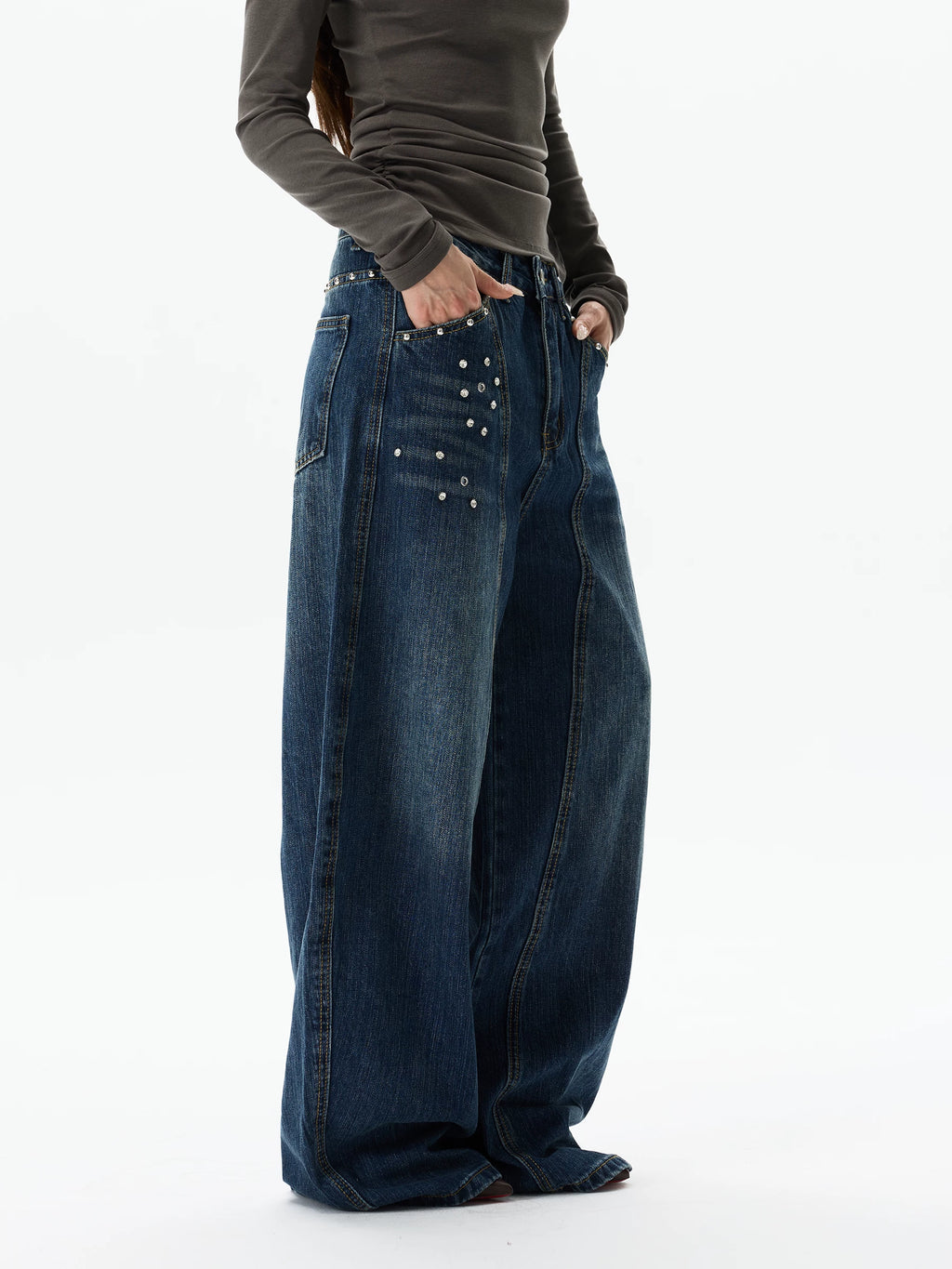 WLNEXT Vintage Wide Leg Loose Diamond Jeans