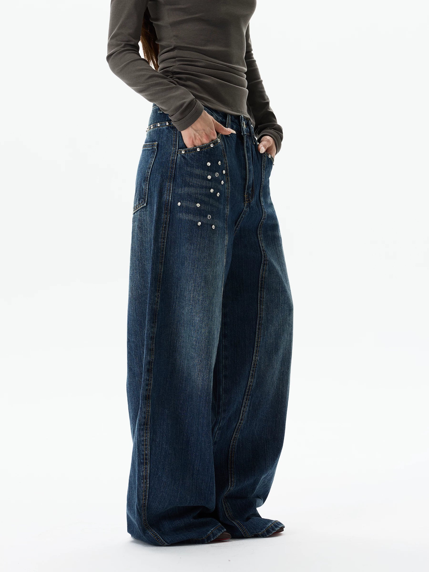 WLNEXT Vintage Wide Leg Loose Diamond Jeans