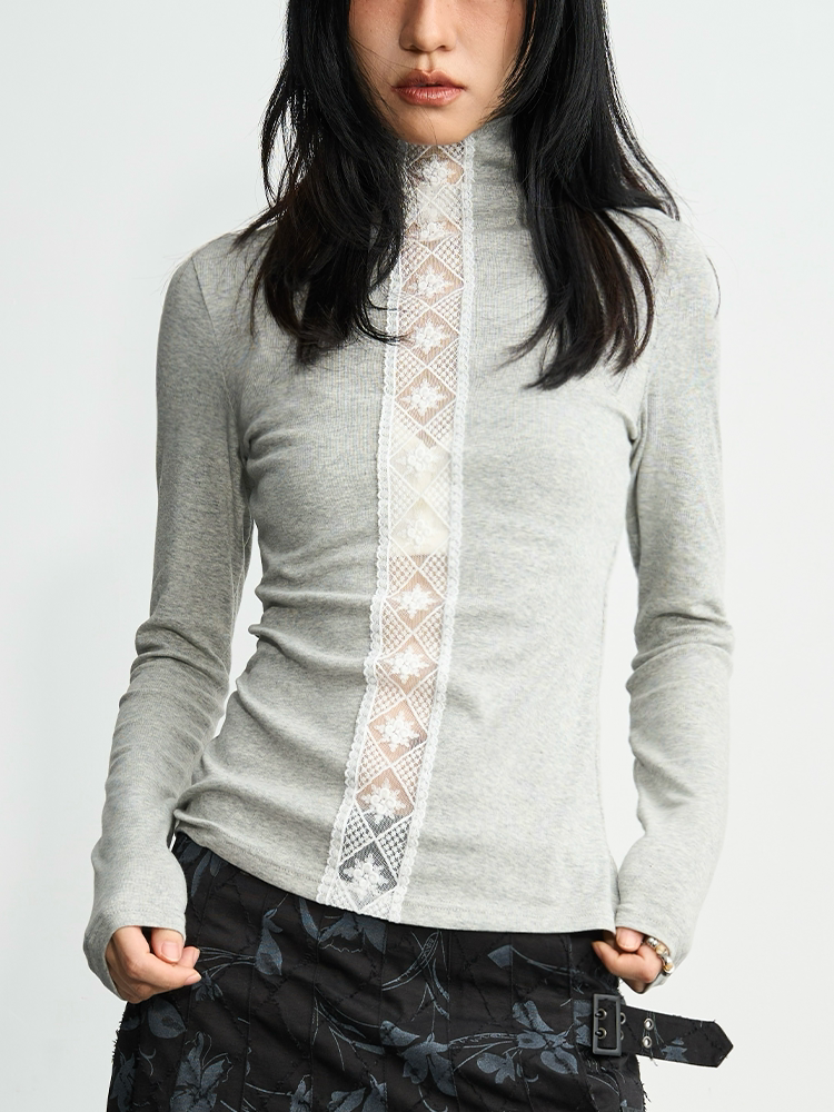 Enteralt Lace Splicing Small Turtleneck Bottom Long Sleeve