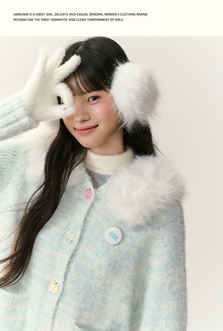 Umoumo Gradual Change Fur Collar Plush Hooded Cardigan
