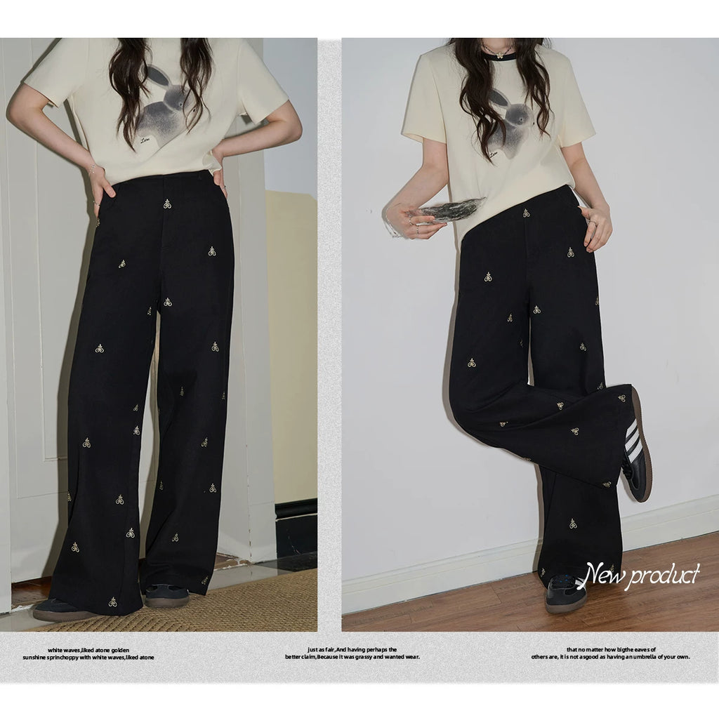 XUJING High-waisted Straight-leg Embroidered Slacks