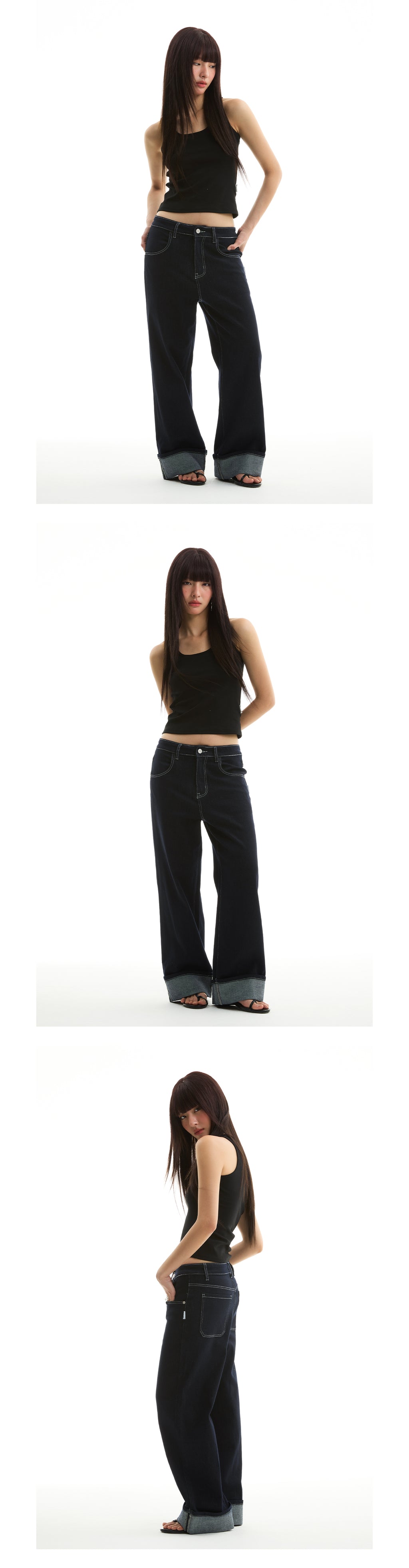 FUNKYFUN 2025SS fold-up pants micro-elastic primary color blue straight jeans