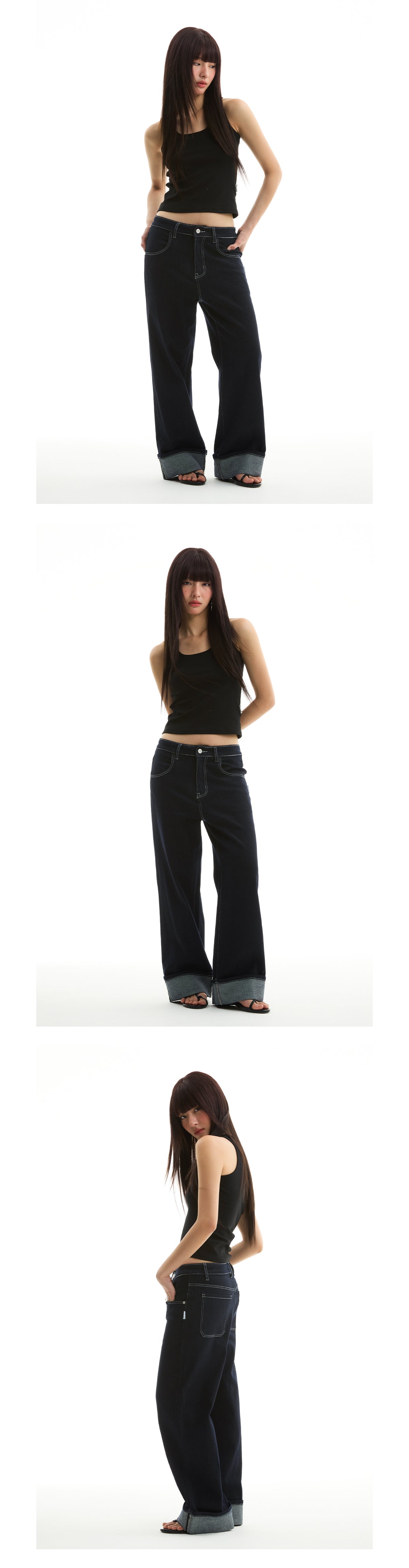 FUNKYFUN 2025SS fold-up pants micro-elastic primary color blue straight jeans