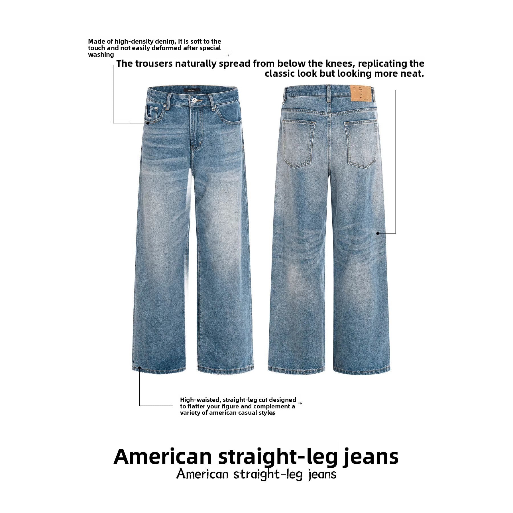 11KN retro washed blue straight wide-leg jeans pants