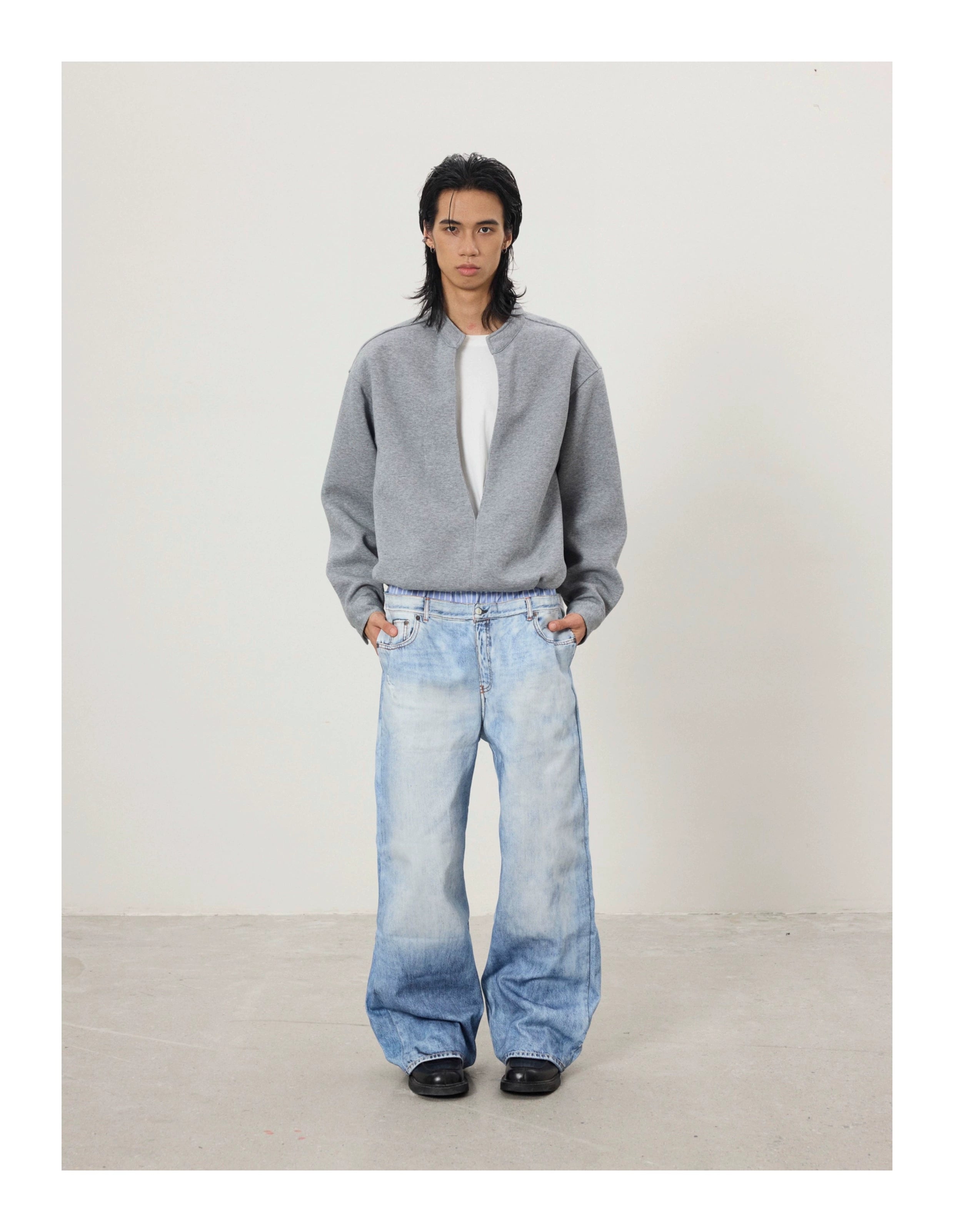 BTSG Retro 3D Printed Double Waist Striped Stitched Jeans