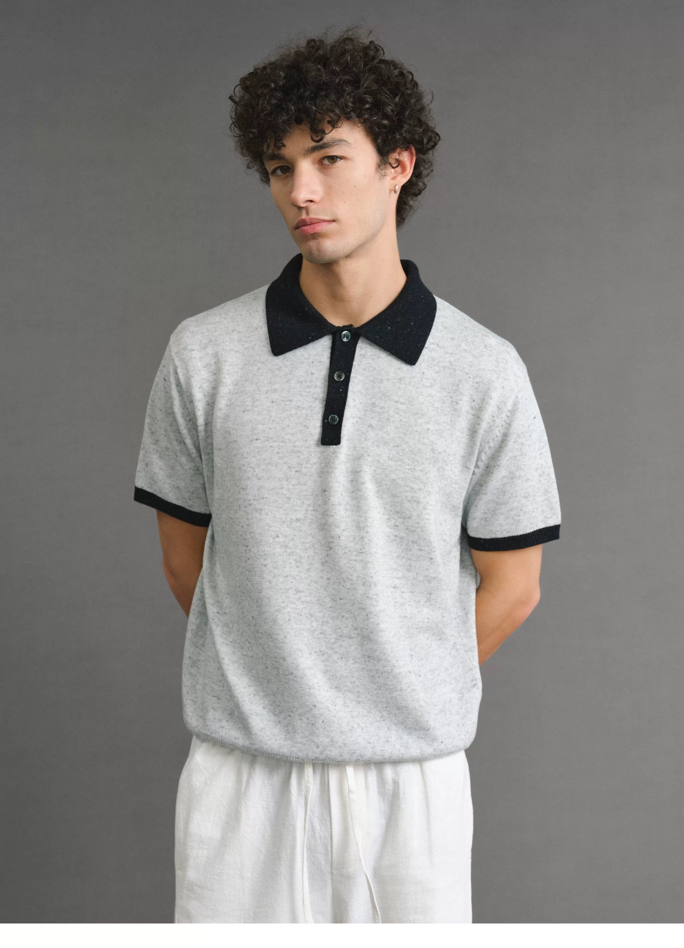 VLABMADE | Italian Old Money Contrast-Trim Polo Collar Wool-Linen Blend Knit Short Sleeve Top
