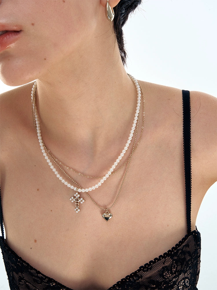1JINN Love Pearl Cross Clavicle Chain