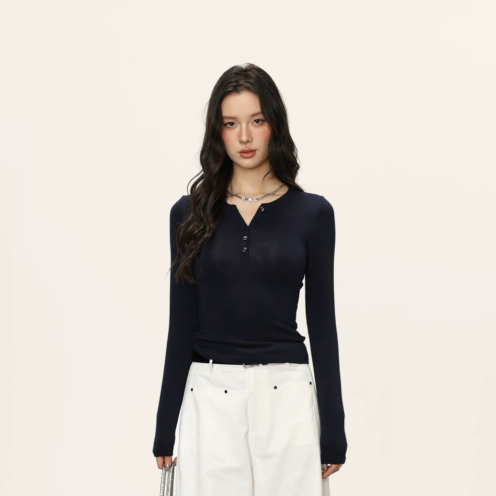 Cherry Melody V-neck Button Slim Slim Slim and Thin Fleece Bottom Long Sleeve