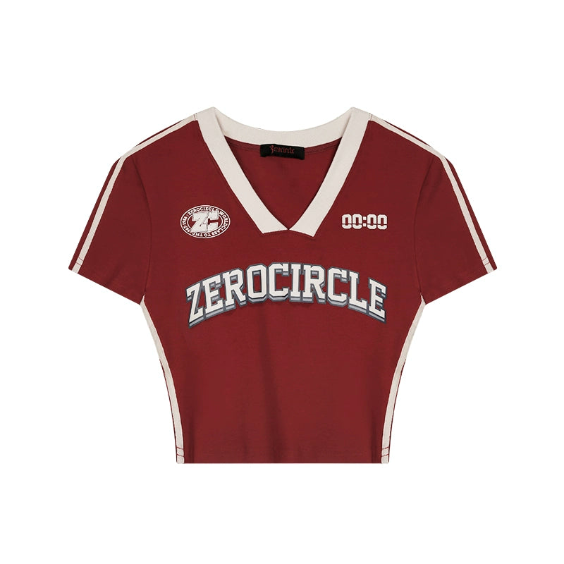 Zero Shoulder V-neck Printed Slim-fit Short Tee