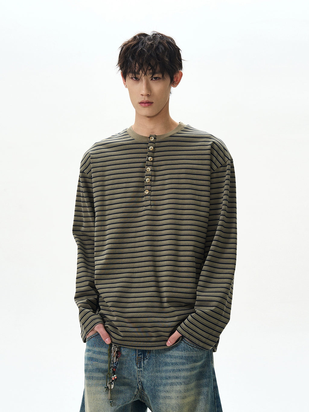 A PUEE Vintage Henry Collar Striped Long Sleeve