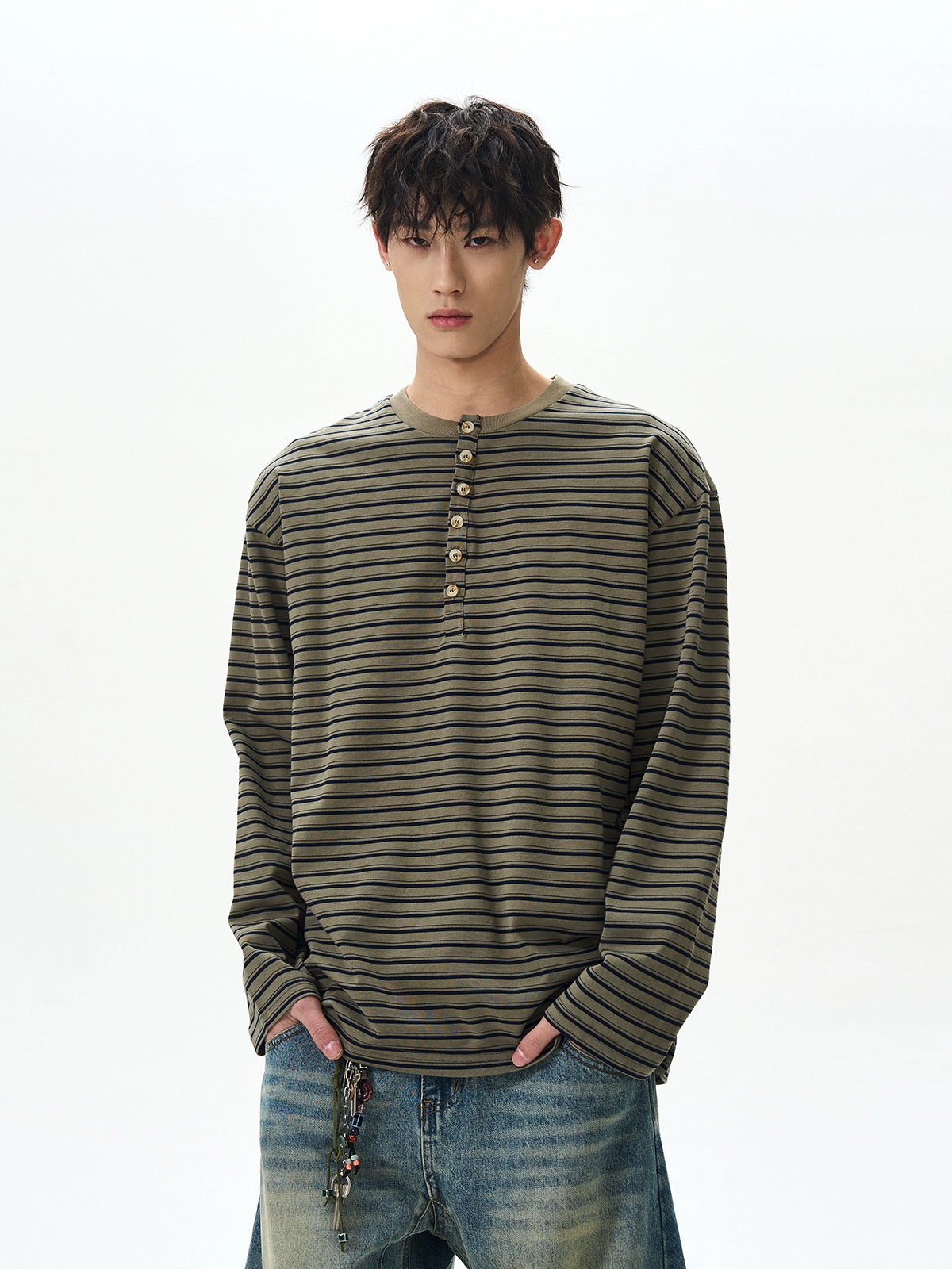 A PUEE Vintage Henry Collar Striped Long Sleeve