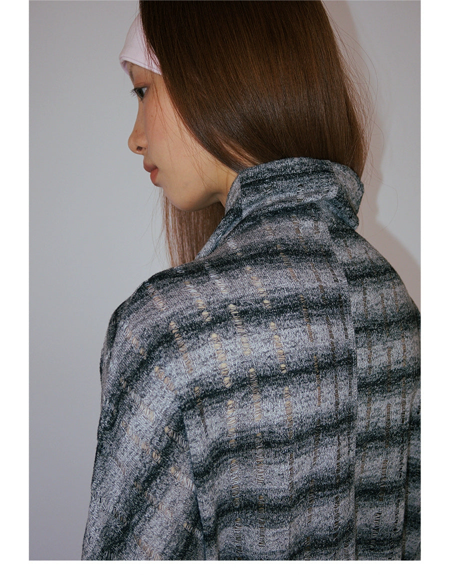 FUNKYFUN Small Turtleneck Hollow Striped Splicing Tee