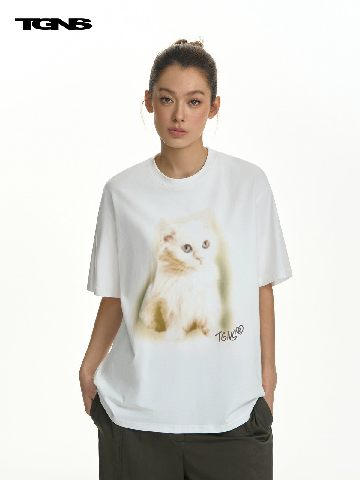 TGNS Fuzzy Cat Print Loose Versatile Tee