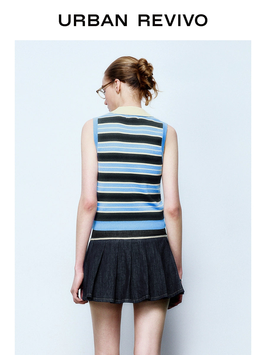 URBAN REVIVO College Contrast Striped Button Sleeveless Knitted Sweater