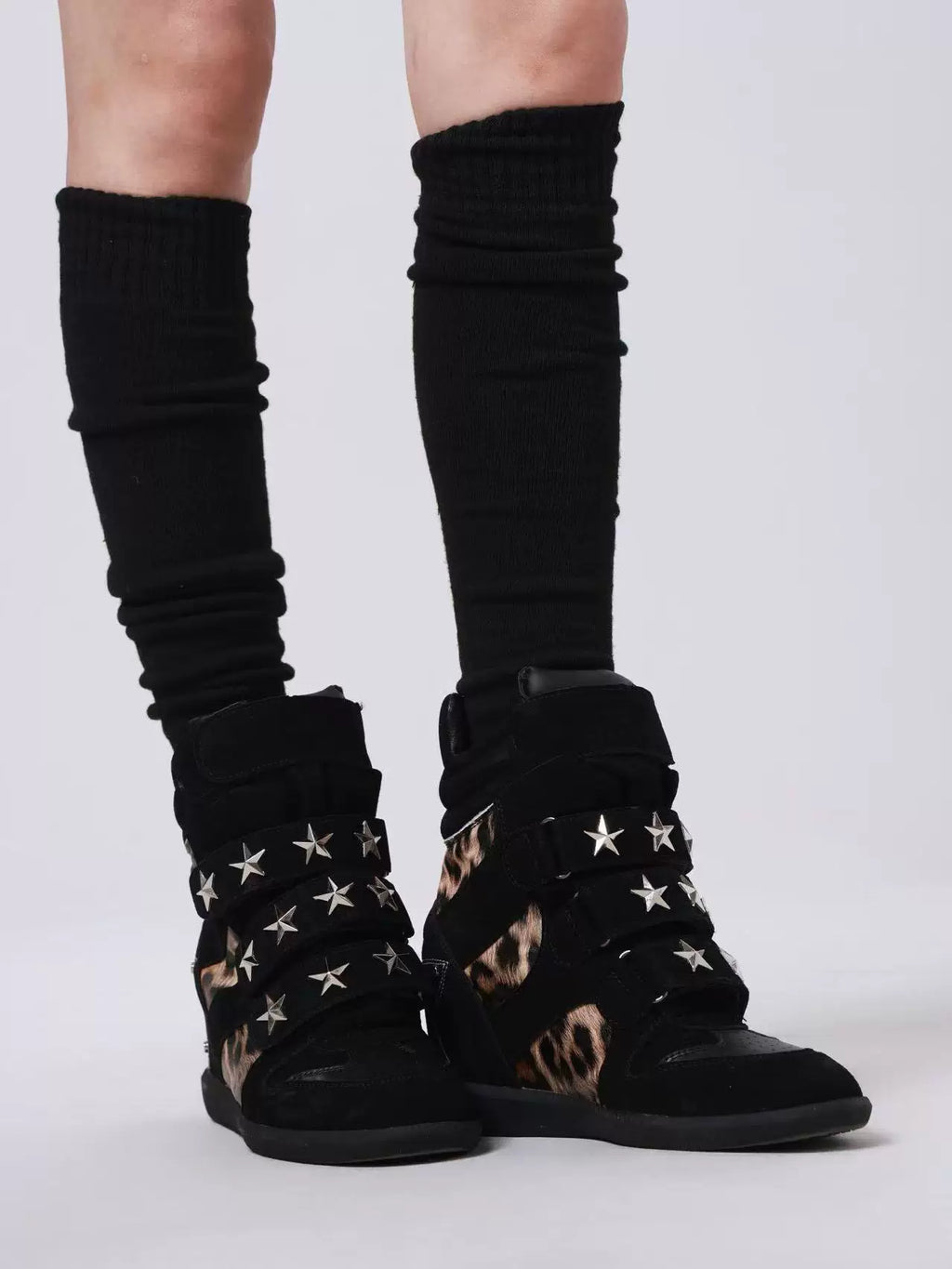 DETW Leopard Print Leather Rivets High-top Thick-soled Heel Shoes
