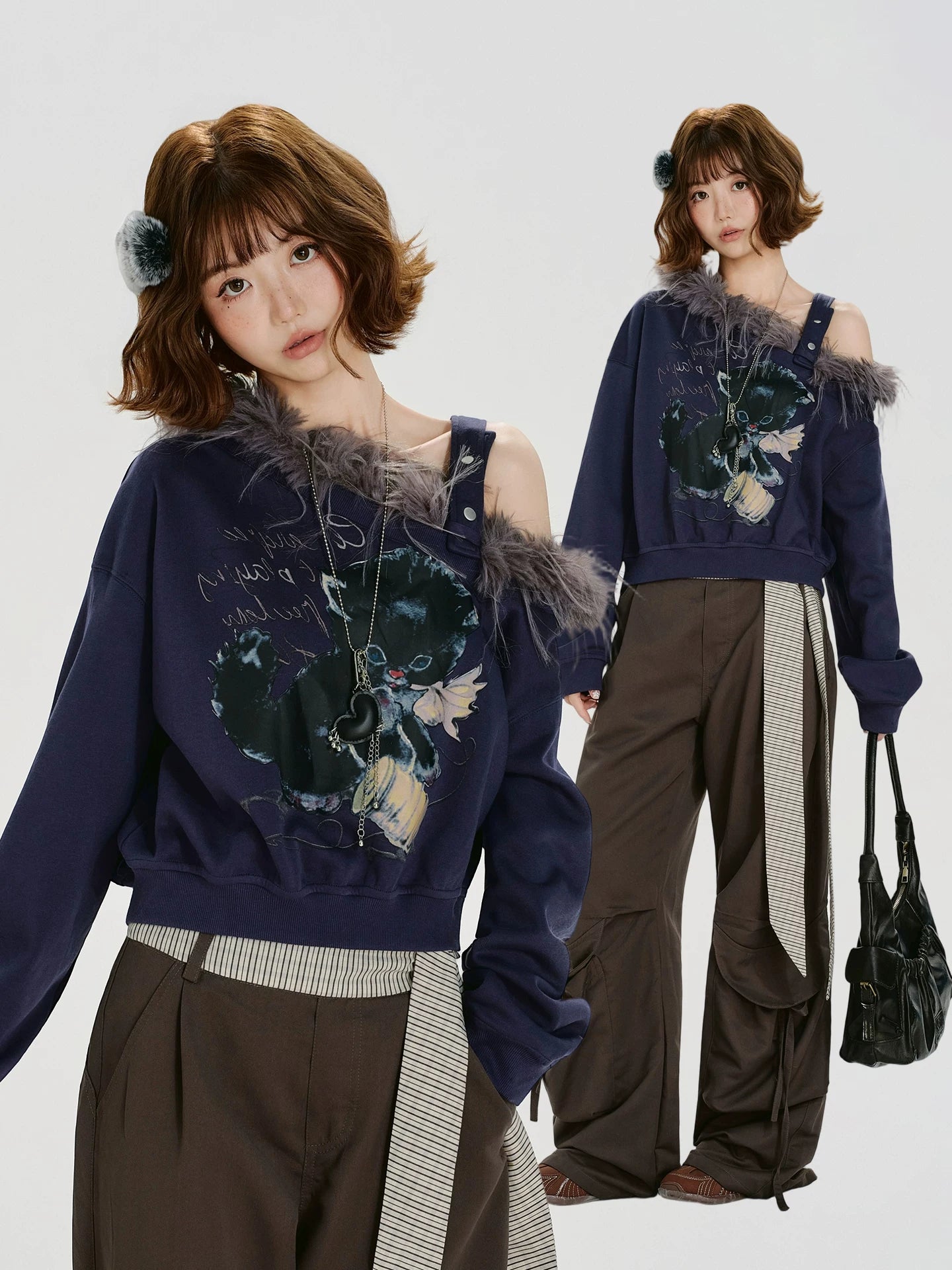 Girlyhalo Vintage Fur Collar Print Slash Shoulder Long Sleeve Sweater