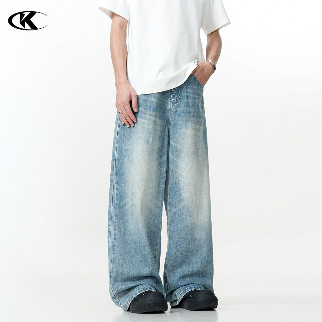 11KN American Retro Washed Blue Loose and Casual Cleanfit Pants Cross-border Jeans