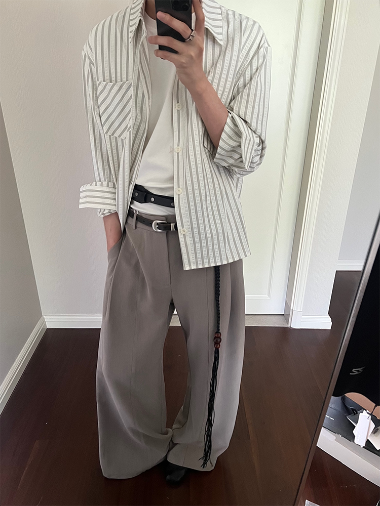 AMBSOM Vintage Striped Casual Front Shoulder Long Sleeve Shirt