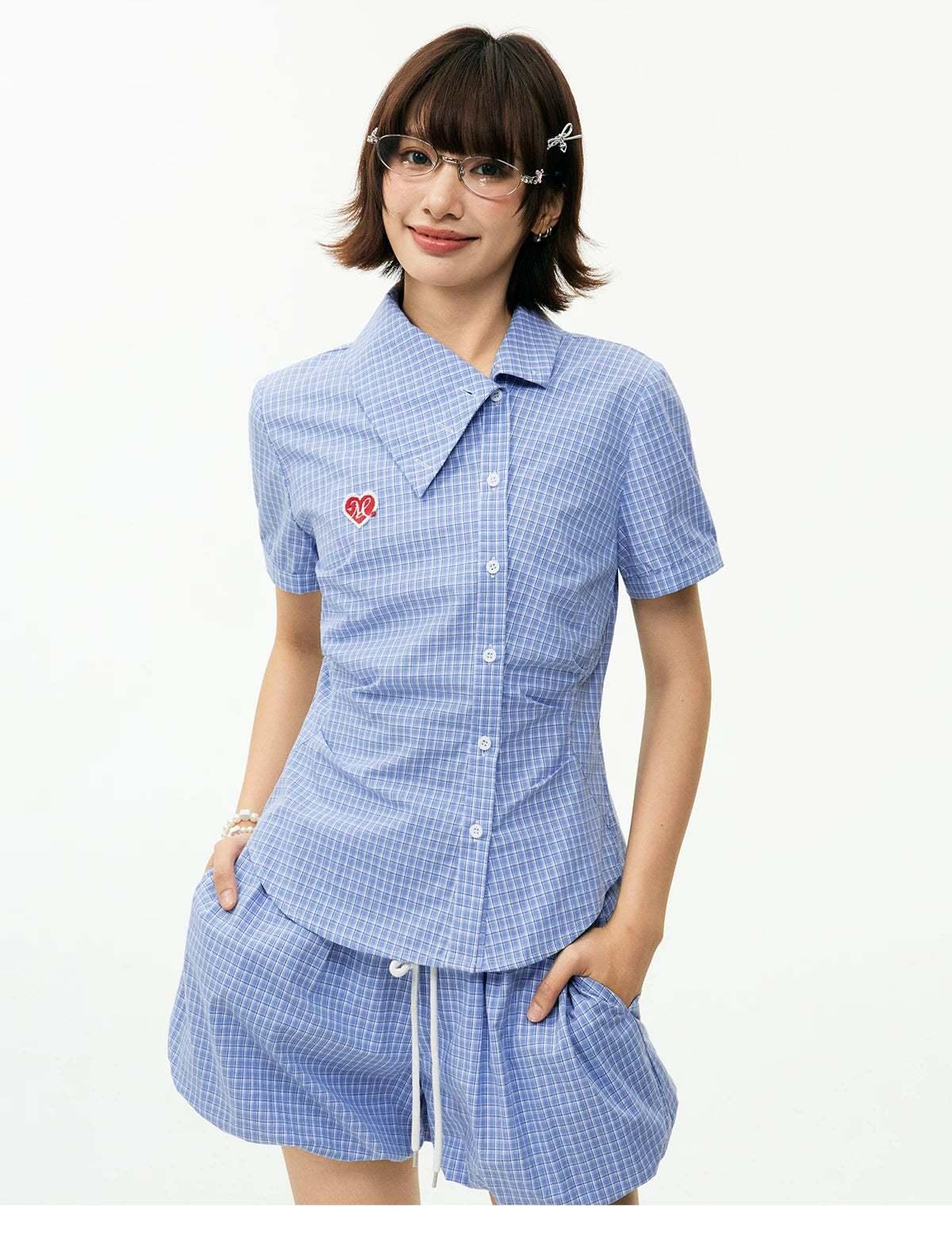 MEDM Plaid Diagonal Shirt with Waist and Thin Short Sleeves
